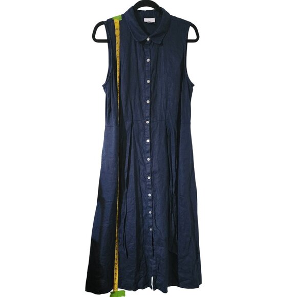 J.Jill Linen Navy Sleeveless Button-Down Midi Dress W/ Tie Belt & Pockets Size M - Picture 7 of 8